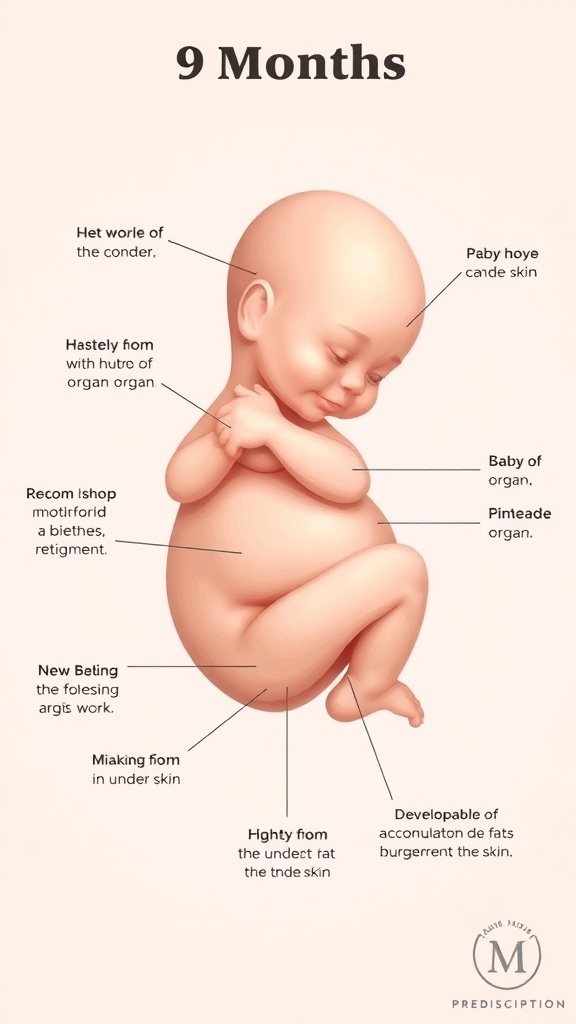 Illustration of a fully developed fetus at 9 months gestation in the womb.